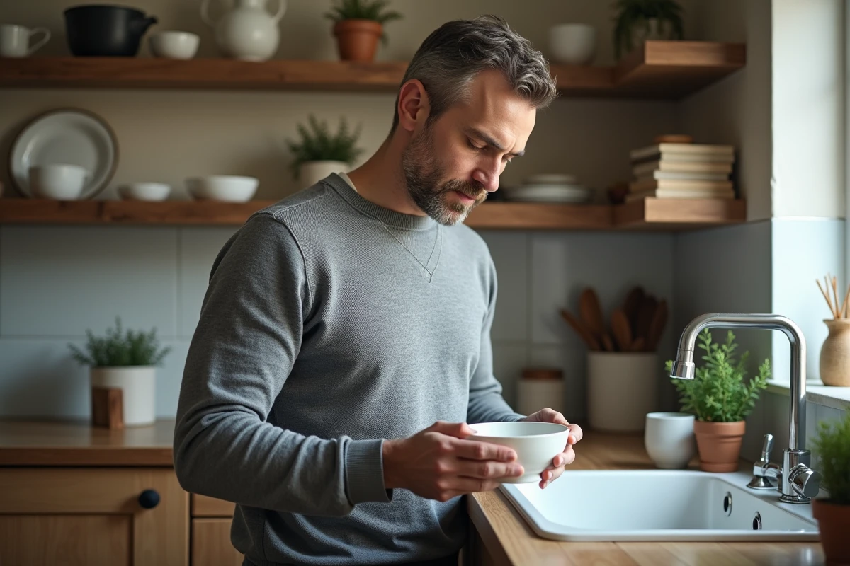 Homme inspectant un bol en porcelaine après lavage au lave-vaisselle dans une cuisine domestique