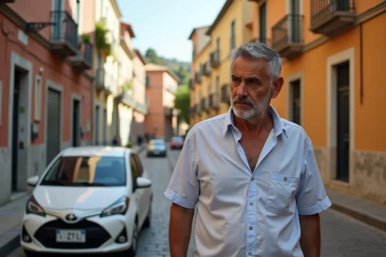 Homme italien regardant un panneau ZTL dans une rue sicilienne