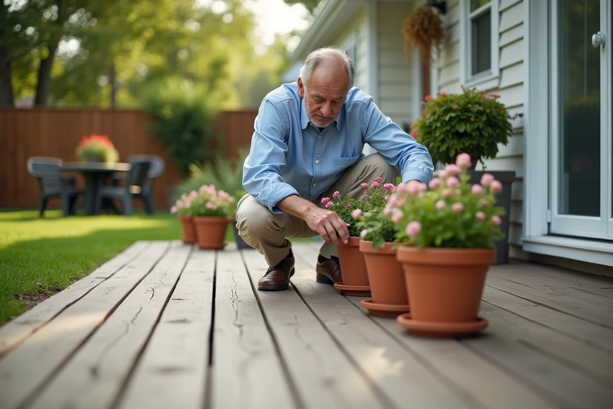 Homme âgé plantant des fleurs sur une terrasse extérieure