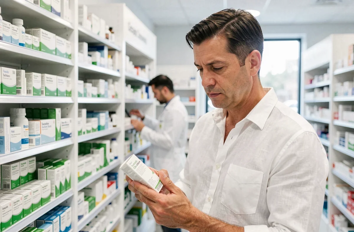 Homme examinant attentivement une boîte de médicaments dans une pharmacie moderne, avec un pharmacien en arrière-plan