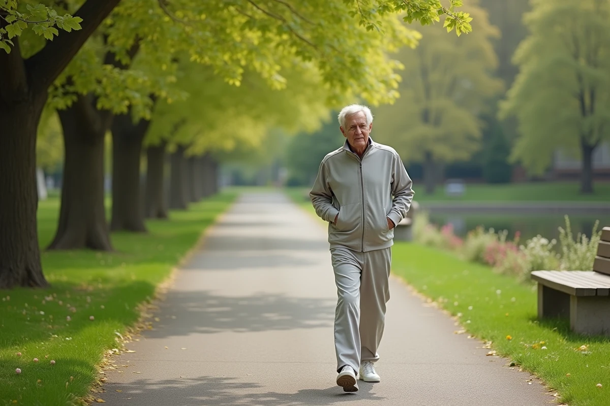 Homme senior marchant dans un parc au printemps