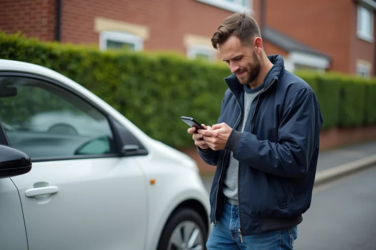 Homme vérifiant son smartphone près d'une voiture en banlieue