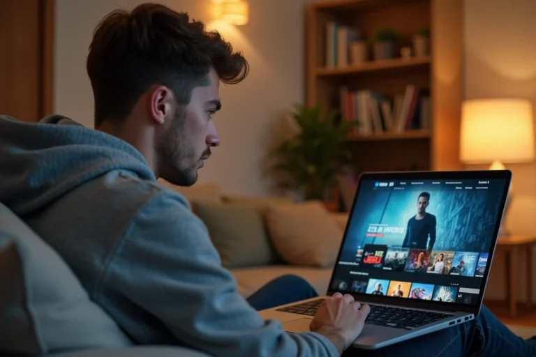 Homme regardant un site de streaming de films sur son ordinateur portable dans un salon moderne