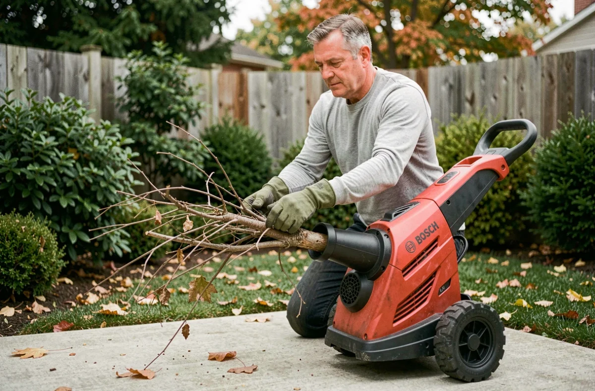 Homme utilisant le broyeur électrique Bosch AXT 25 TC pour broyer des branches dans un jardin suburban en automne