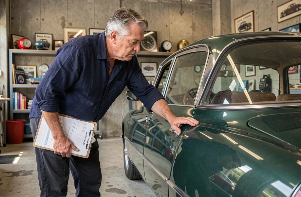 Amateur de voitures anciennes inspectant la carrosserie d'une Citroën DS verte dans un garage spécialisé en automobiles classiques