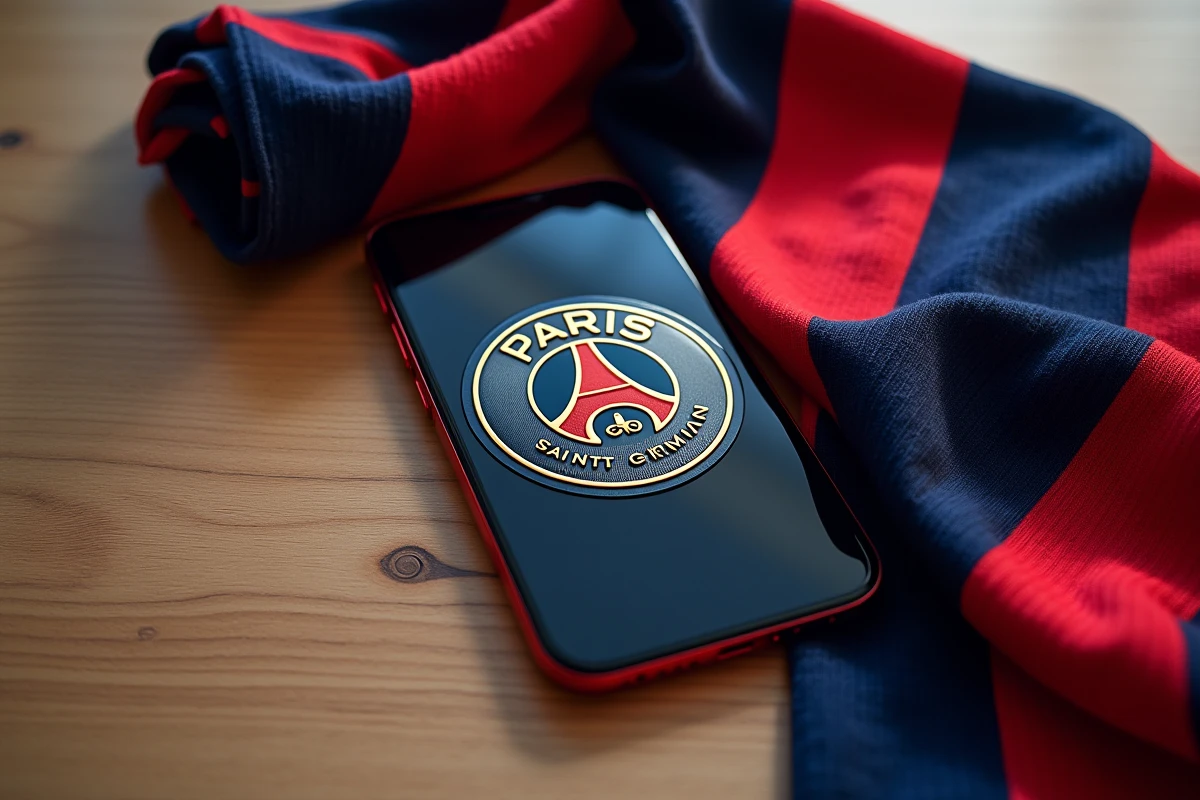 iPhone affichant un fond d'écran PSG posé sur un bureau avec une écharpe du club
