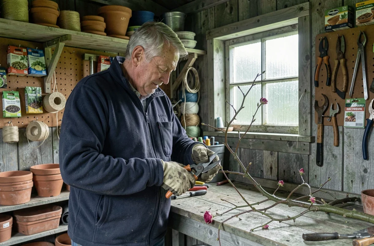 Jardinier expérimenté taillant des rosiers dans un abri de jardin rustique rempli d'outils anciens