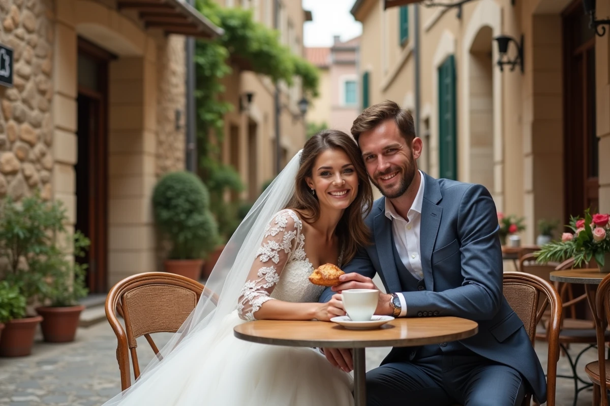 Jeune couple au café en village européen charmant
