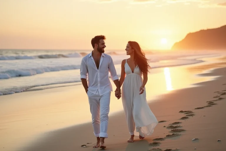 Jeune couple de mariés sur la plage au coucher de soleil