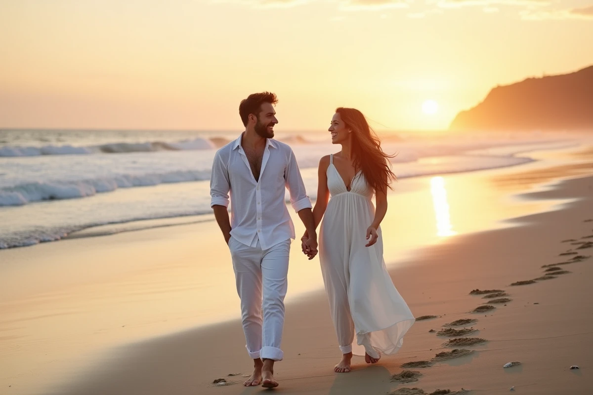 Jeune couple de mariés sur la plage au coucher de soleil