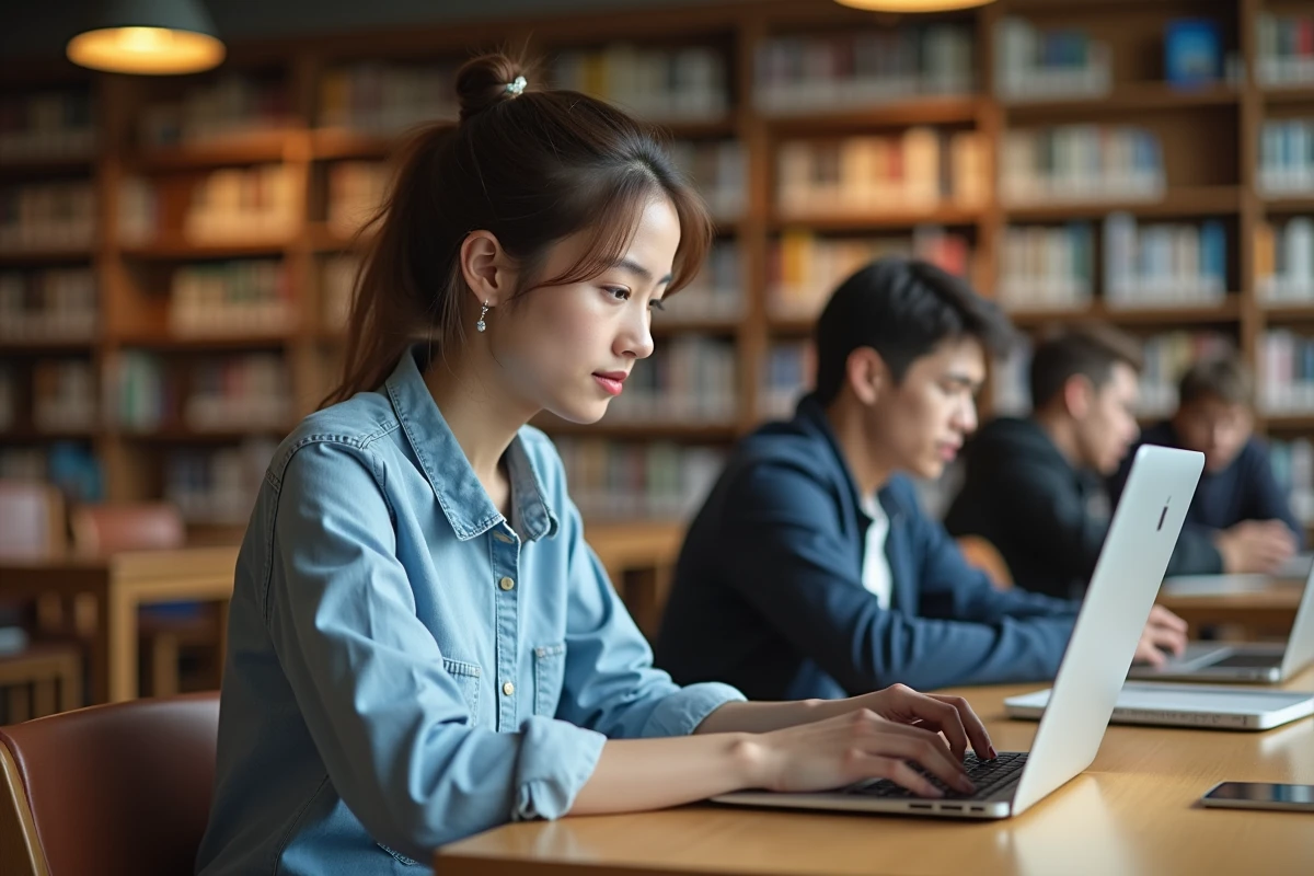 Jeune femme concentrée à la bibliothèque avec son ordinateur portable