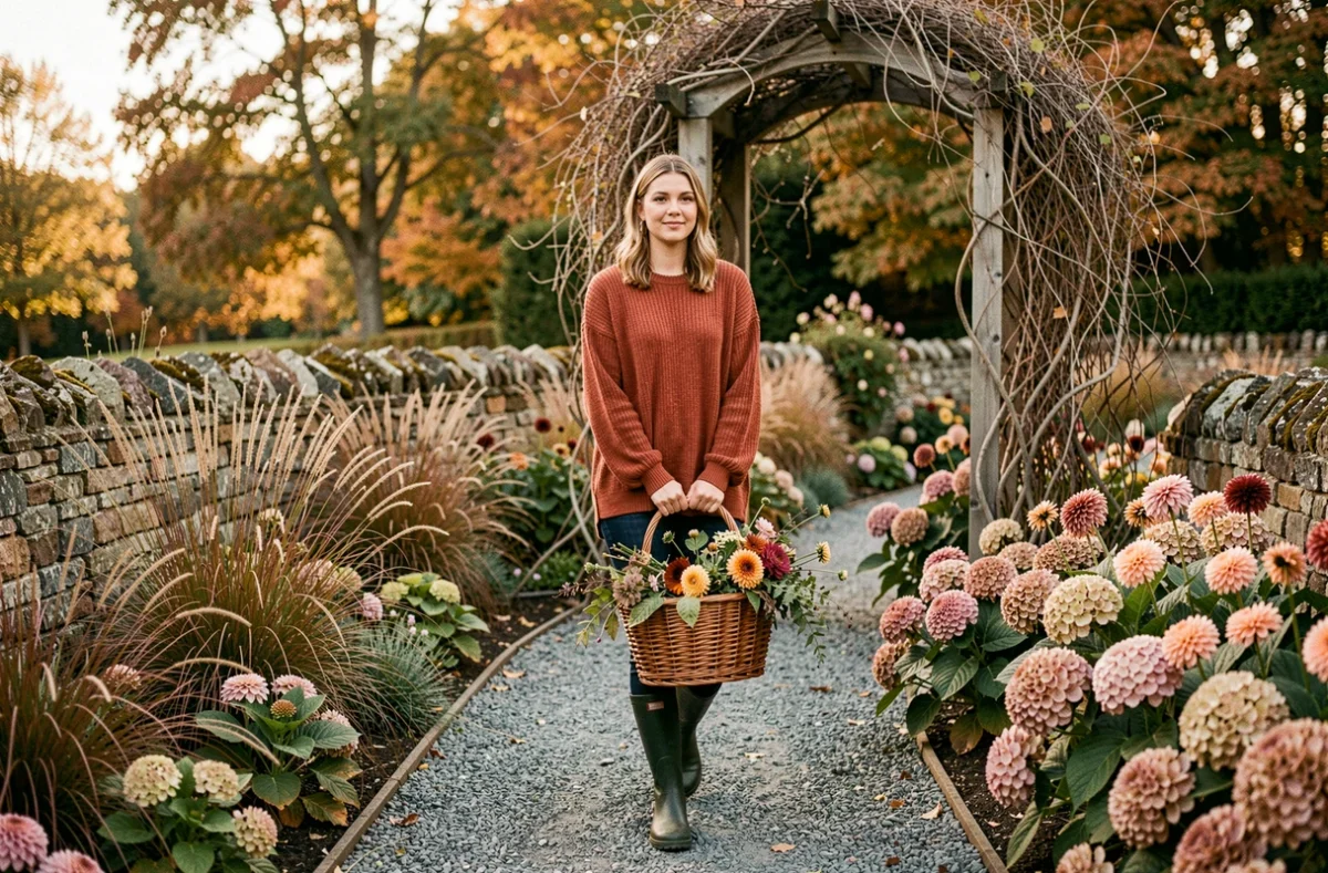 Jeune femme récoltant des fleurs de saison dans un jardin de cottage en automne avec un panier en osier