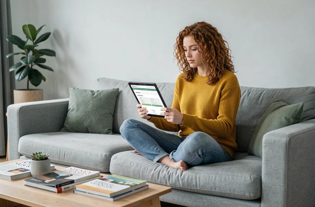 Jeune femme consultant un plan du site sur tablette confortablement installée dans un salon moderne