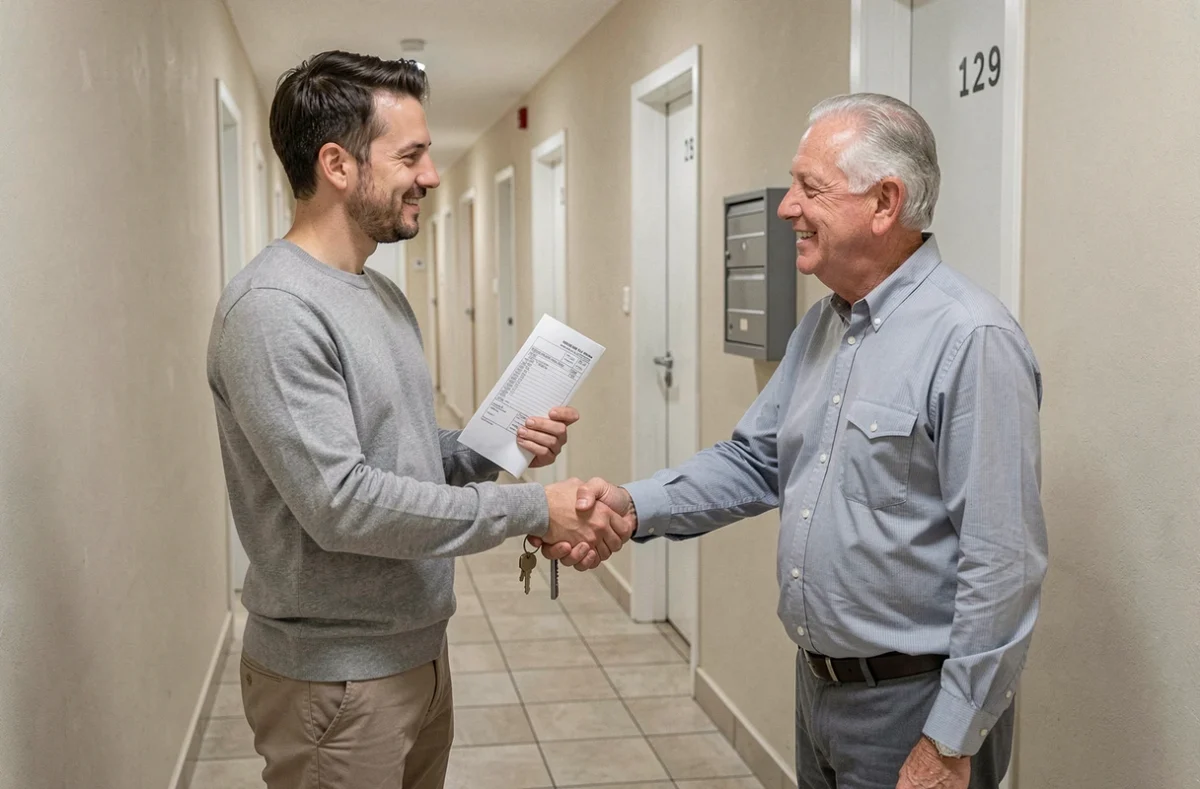 Locataire sans revenus réguliers serrant la main d'un propriétaire dans le couloir d'un immeuble d'appartements