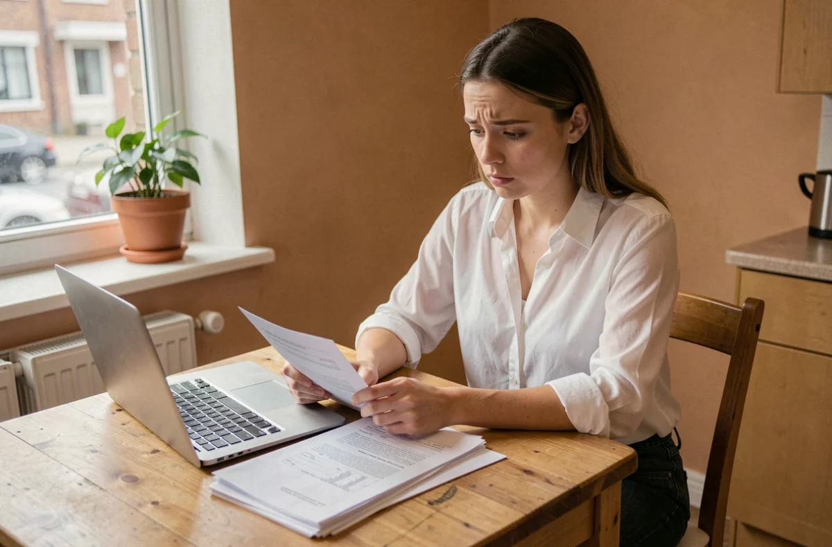 Jeune femme examinant un contrat de location et des documents administratifs à une table en bois dans un appartement