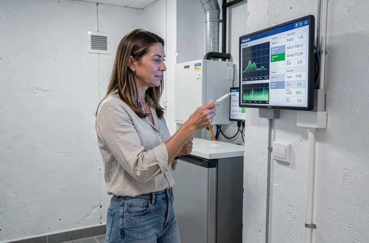 Femme consultant un tableau de bord de monitoring d'énergie solaire dans une pièce technique à domicile