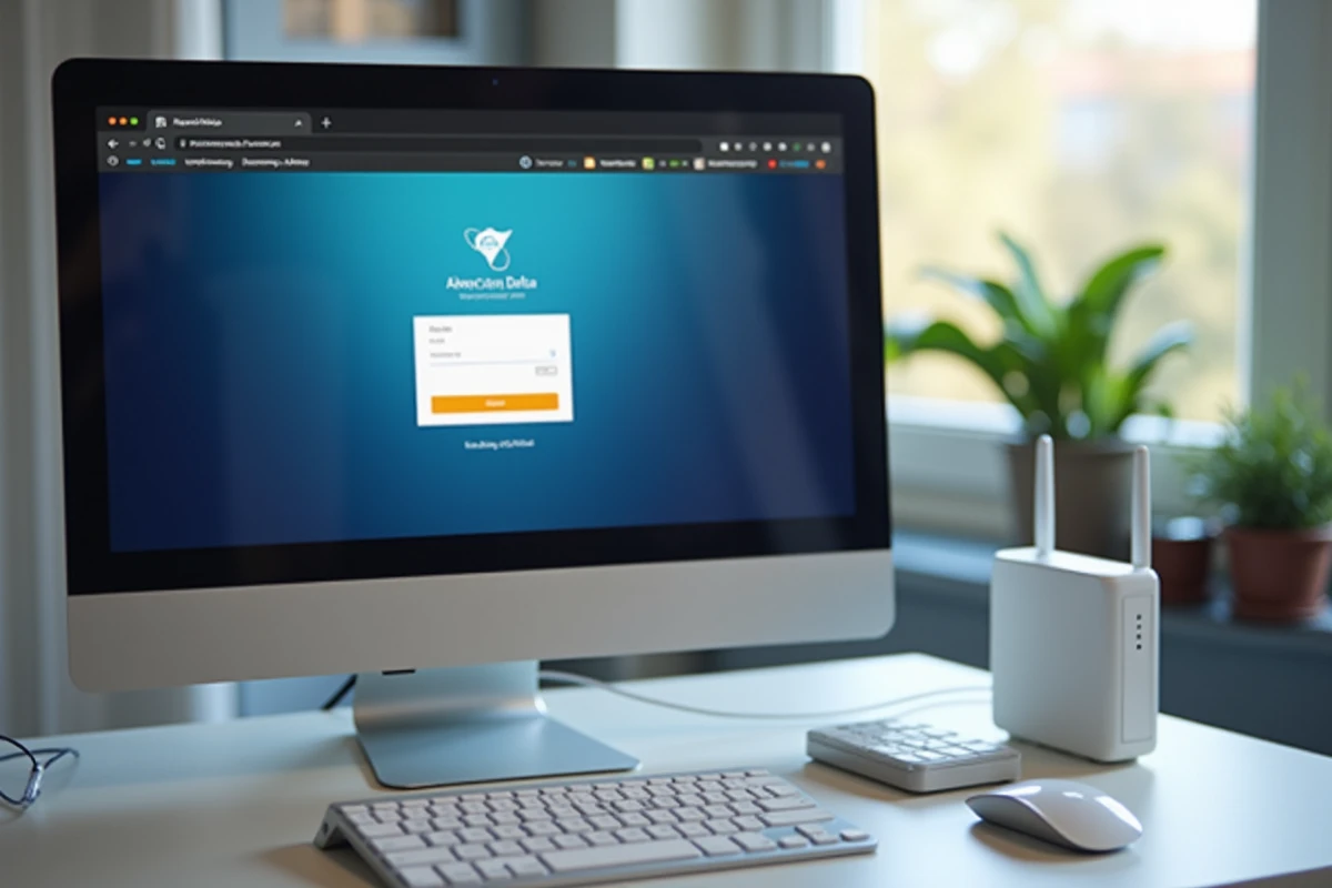 Écran d'ordinateur affichant la page de connexion mafreebox.freebox.fr avec un routeur Freebox posé sur le bureau à côté