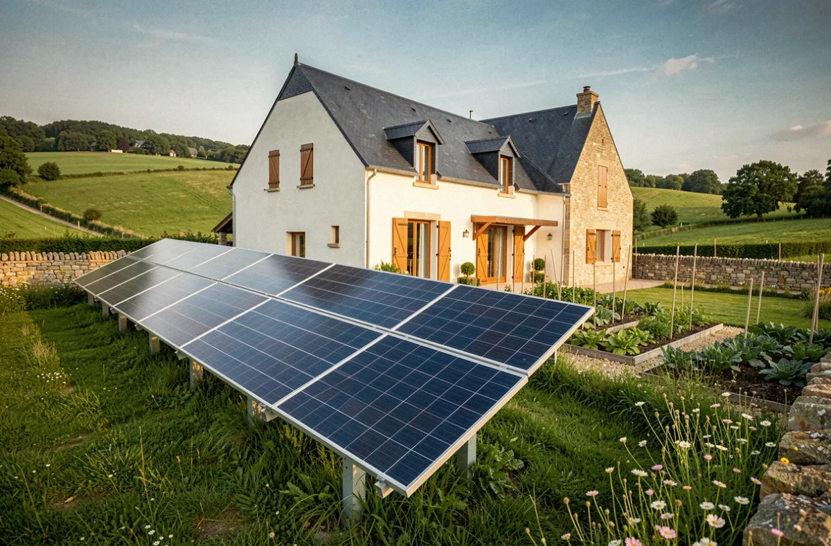 Maison individuelle à la campagne équipée d'un champ de panneaux solaires au sol dans un jardin verdoyant