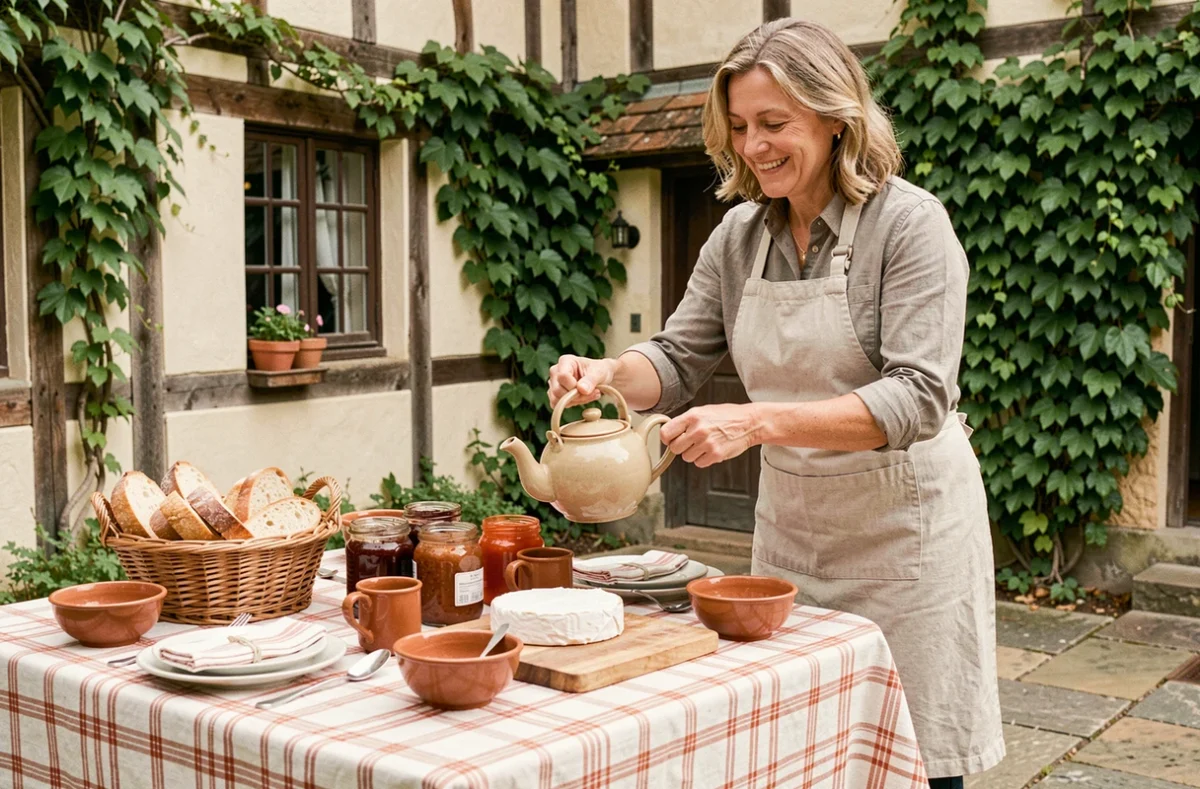 Petit-déjeuner normand servi sur la terrasse d'une maison d'hôtes avec produits locaux et façade à colombages