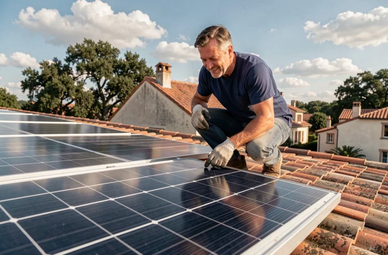 Propriétaire inspectant des panneaux solaires monocristallins sur le toit de sa maison individuelle