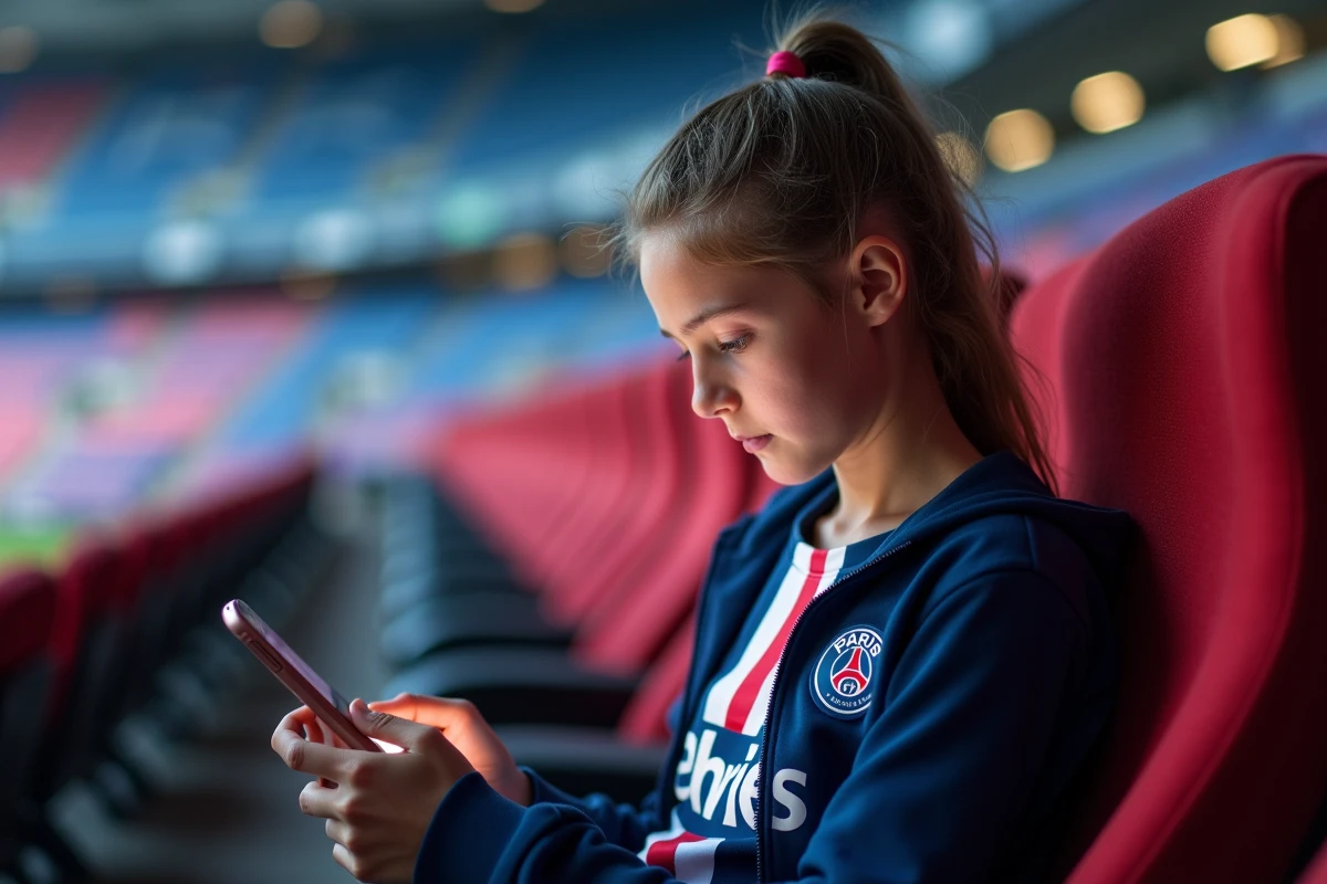 Jeune supportrice du PSG choisissant un fond d'écran sur son iPhone dans un stade