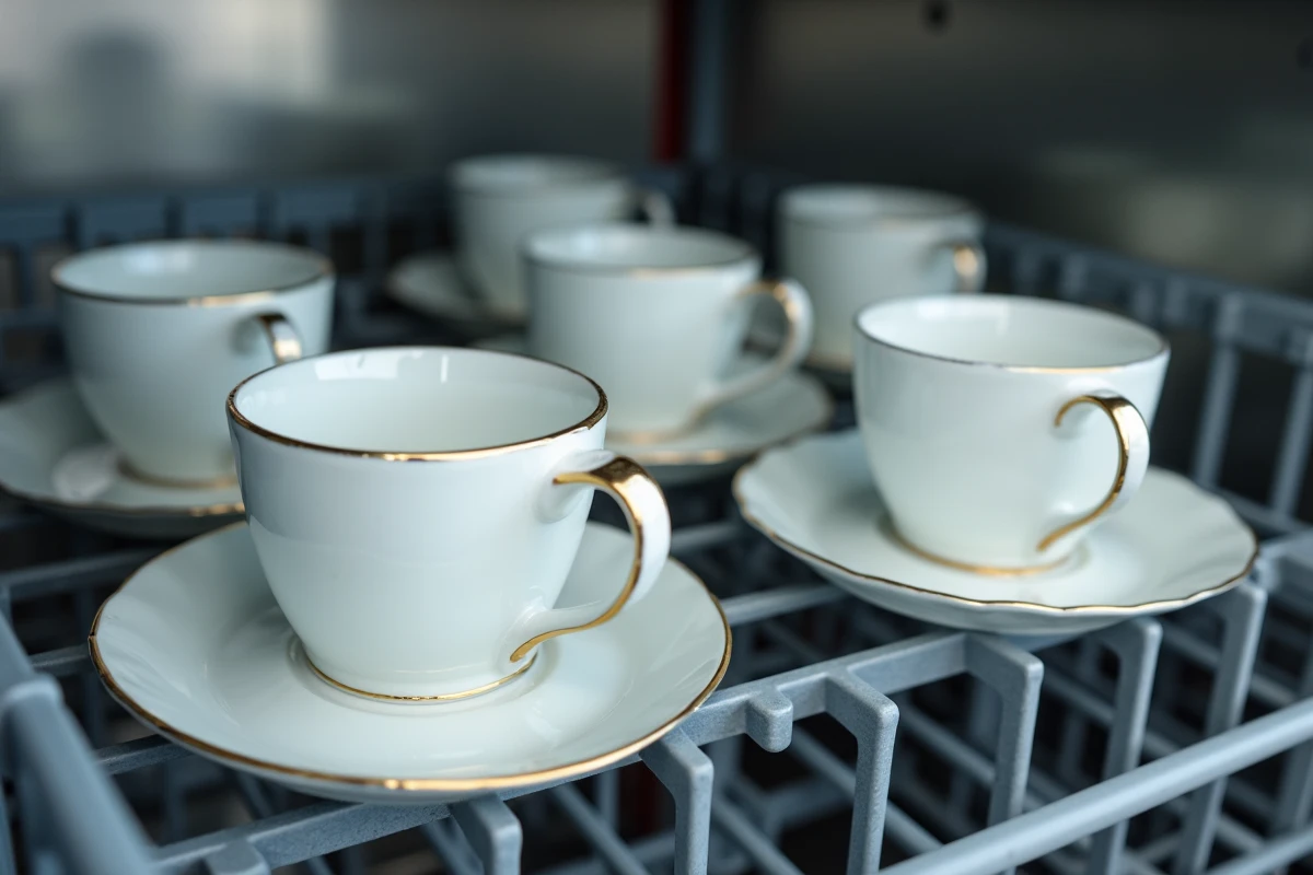 Tasses et soucoupes en porcelaine dorée disposées dans le panier supérieur d'un lave-vaisselle