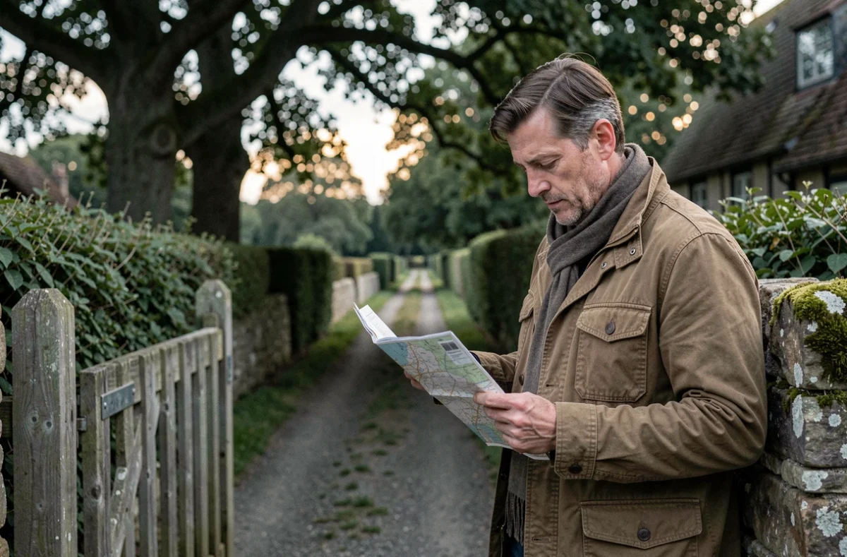 Voyageur consultant une carte devant le portail d'une maison d'hôtes normande entourée de bocage